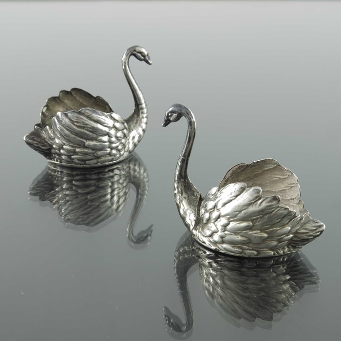 A matched pair of German silver novelty swan pin cushions or salts, Martin Mayer