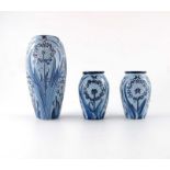 Carol Lovatt for Moorcroft, three Blue Leila vases