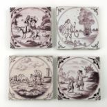 A pair of English delftware manganese tiles, each painted with allegorical scenes