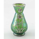 Loetz, a Secessionist iridescent glass and silver overlay Crete Papillon vase