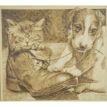 Oskar Gelke (20th century), Dog and Kitten, pen an