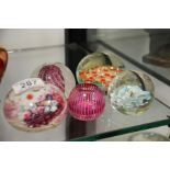 Five glass paperweights, including Millefiori can