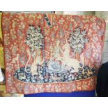 A mchined tapestry wall hanging depicting The Lady and the Unicorn