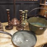 Metalware including jam pan, copper pan lid, dolly