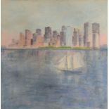 KST, Sailing boat in city seascape, pastel on board monogrammed, 76cm x 76cm, unframed