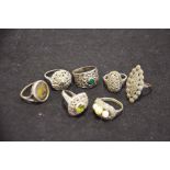 A collection of silver and marcasite rings