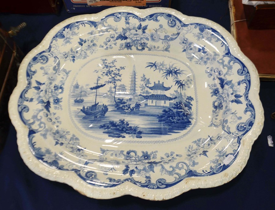 A large blue and white Elkin Knight & Co meat plat