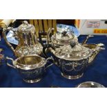 Silver plated tea ware including teapots, coffee p