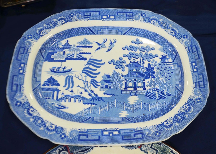 Two Staffordshire blue and white platters, includi