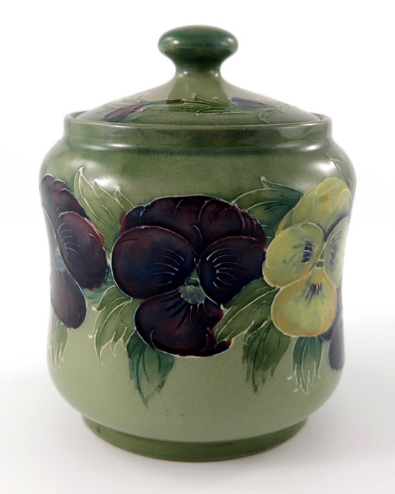 William Moorcroft, a Pansy on green jar and cover, circa 1916, waisted cylindrical ovoid form, - Image 6 of 7