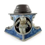 Robert Wallace Martin for Martin Brothers, a stoneware and pewter mounted inkwell, 1902, square
