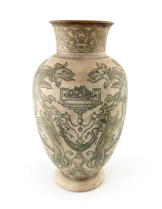 Edwin Martin for Martin Brothers, an unglazed stoneware vase, 1896, footed and shouldered form