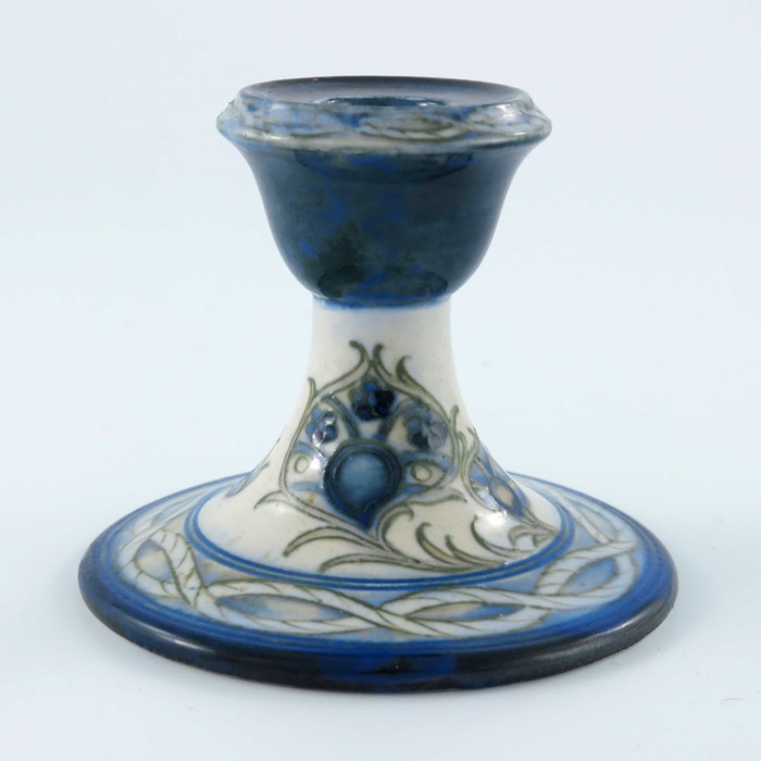 William Moorcroft, a Peacock Feather and Rope candlestick, circa 1925, truncated splayed form, - Image 3 of 6