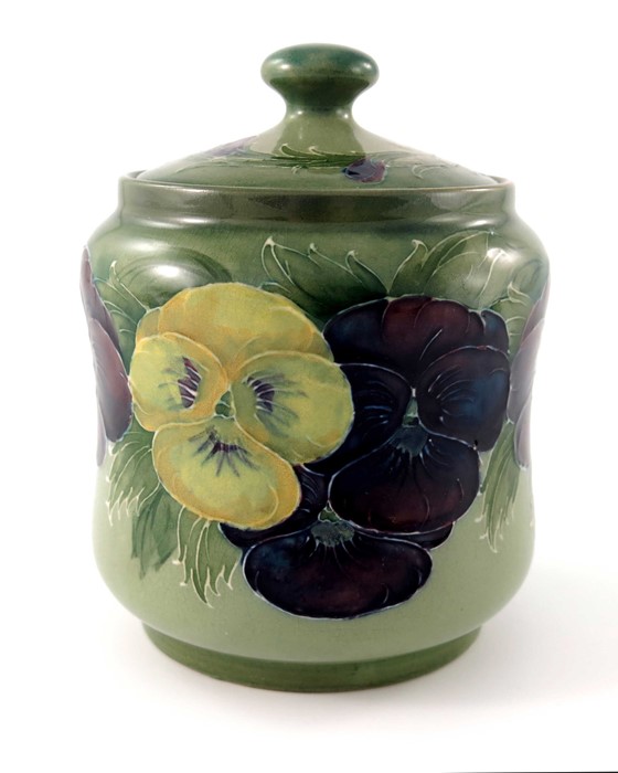 William Moorcroft, a Pansy on green jar and cover, circa 1916, waisted cylindrical ovoid form, - Image 2 of 7