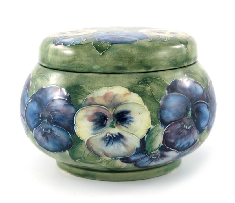 William Moorcroft for James MacIntyre, a Pansy on white jar and cover, circa 1911, squat ovoid
