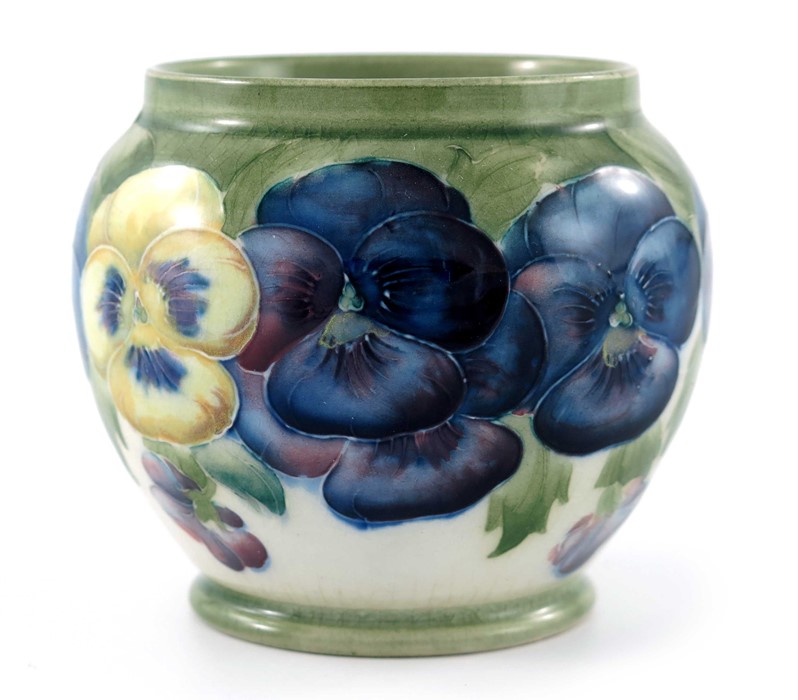 William Moorcroft for James MacIntyre, a Pansy on white vase, circa 1911, ovoid form, printed mark - Image 2 of 6