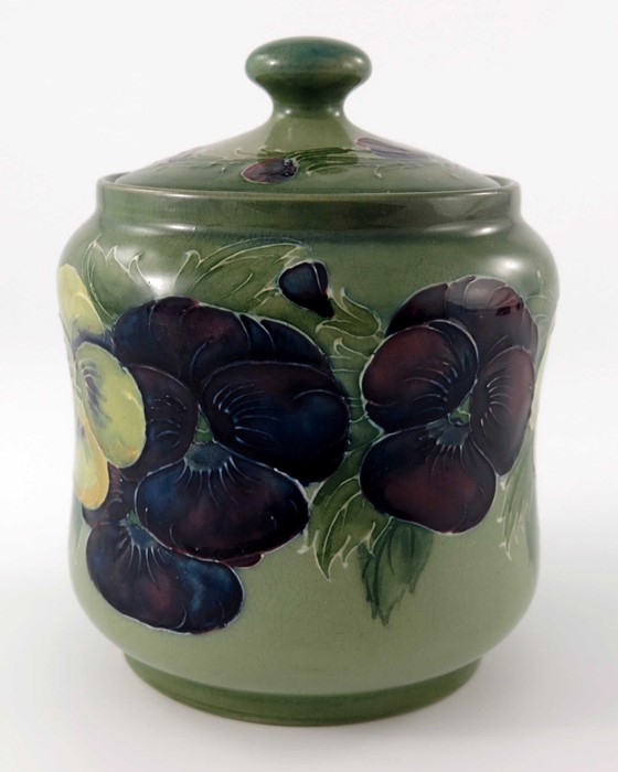 William Moorcroft, a Pansy on green jar and cover, circa 1916, waisted cylindrical ovoid form, - Image 7 of 7