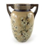 Edwin Martin for Martin Brothers, a stoneware twin handled vase, 1886, shouldered ovoid form with