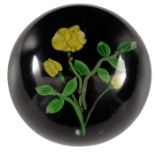 Paul Ysart, yellow roses on black ground, signed PY by stem, rough pontil, diameter 67mm: Note versi