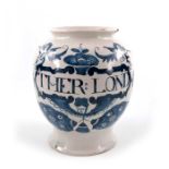 A Bristol Delft drug jar, ovoid form, circa 1710, decorated in blue with a scrolling strapwork label