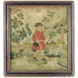 An early 18th century needlework, depicting a shepherd with his sheep in a landscape of birds, trees