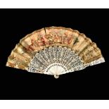 A 19th century mother of pearl and painted fan