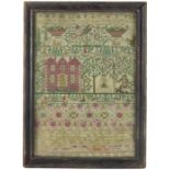 An 18th century house sampler, 1741, worked in cross stitch and needlework with a red brick building