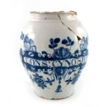 A Liverpool Delft drug jar, ovoid form, circa 1750, decorated in blue with a scrolling strapwork lab