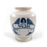 A Lambeth Delft drug jar, ovoid form, circa 1670, decorated in blue with a scrolling strapwork label