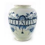 A Mortlake Delft drug jar, ovoid form, circa 1750, decorated in blue with a scrolling strapwork labe