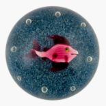 Paul Ysart, pink fish floating over a blue and white ground, with eight controled bubbles to the edg