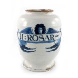 A Lambeth Delft drug jar, ovoid form, circa 1675, decorated in blue with a scrolling strapwork label