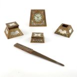 An Art Nouveau gilt and mother of pearl desk set,