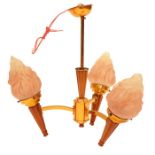 An Art Deco copper and Bakelite three light pendant