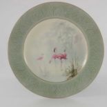 William Powell for Royal Worcester, a cabinet plate decorated with wading flamingos in a misty river