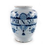 A Mortlake Delft drug jar, ovoid form, circa 1720, decorated in blue with a scrolling strapwork labe