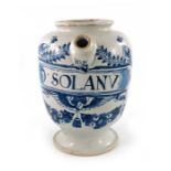 A Lambeth Delft wet drug jar, ovoid form, loop handle and squat spout, circa 1690, decorated in blue