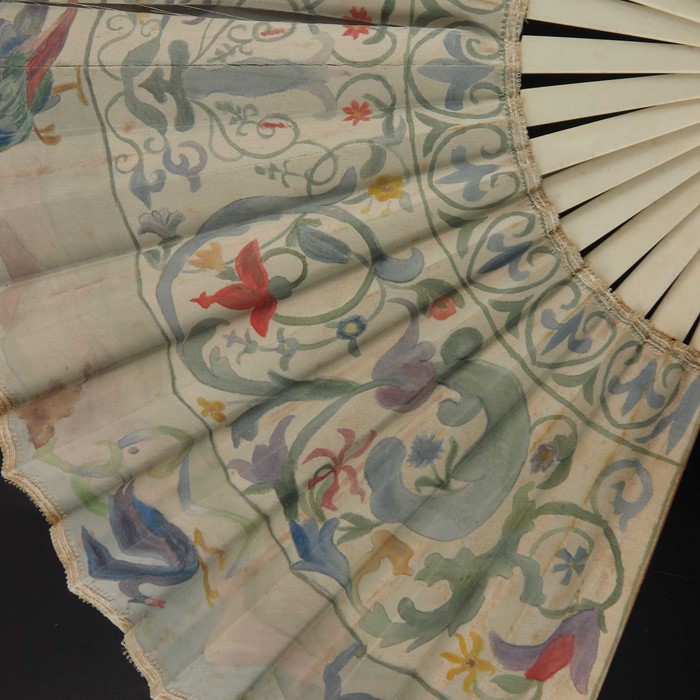 Two 19th century ivory and painted silk fans - Image 3 of 5