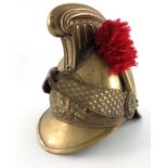A 19th century French Sapeurs Pompiers de Chantonnay brass fireman`s helmet, front mounted flaming g