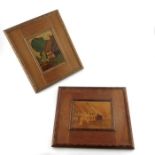 A J Rowley, two Arts and Crafts marquetry inlaid pictures