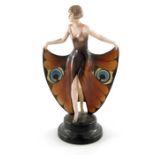 Josef Lorenzl for Goldscheider, a figure of a woman in butterfly wing dress, 6022, circa 1928, incis