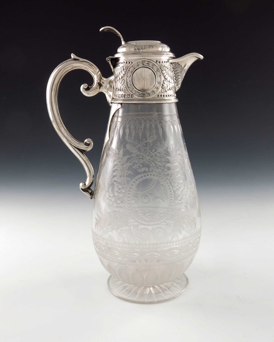 A Victorian silver and etched glass claret jug, W and G Sissons, Sheffield 1873 - Image 2 of 9