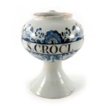 A London Delft wet drug jar, globular form, spreading foot with squat spout to rear, circa 1740, dec