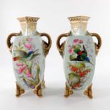 John Hopewell (attributed) for Royal Worcester, two bird painted twin handled Japanesque vases