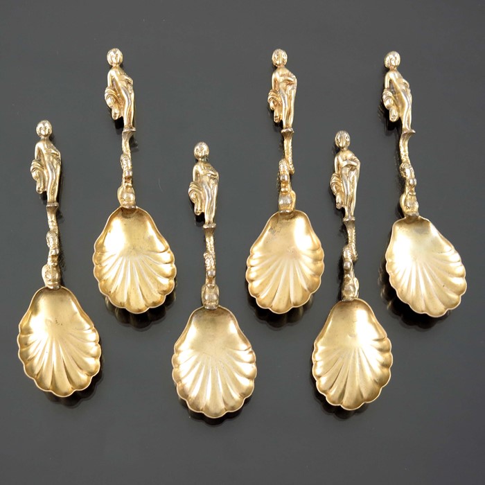 A set of six Renaissance Revival silver gilt figural salt spoons - Image 2 of 2