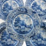 A set of five Staffordshire Durham Ox Series blue and white soup plates, early 19th century, transfe