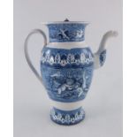 A Patterson blue and white wine jug and cover, Bacchanalian cherub pattern