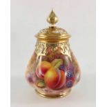J Reed for Royal Worcester, a pot pourri vase and cover, circa 1970, painted with fallen fruit