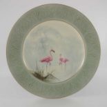 William Powell for Royal Worcester, a cabinet plate decorated with wading flamingos in a misty rive