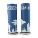 A pair of Wedgwood blue Jasperware cylindrical vases, circa 1830s